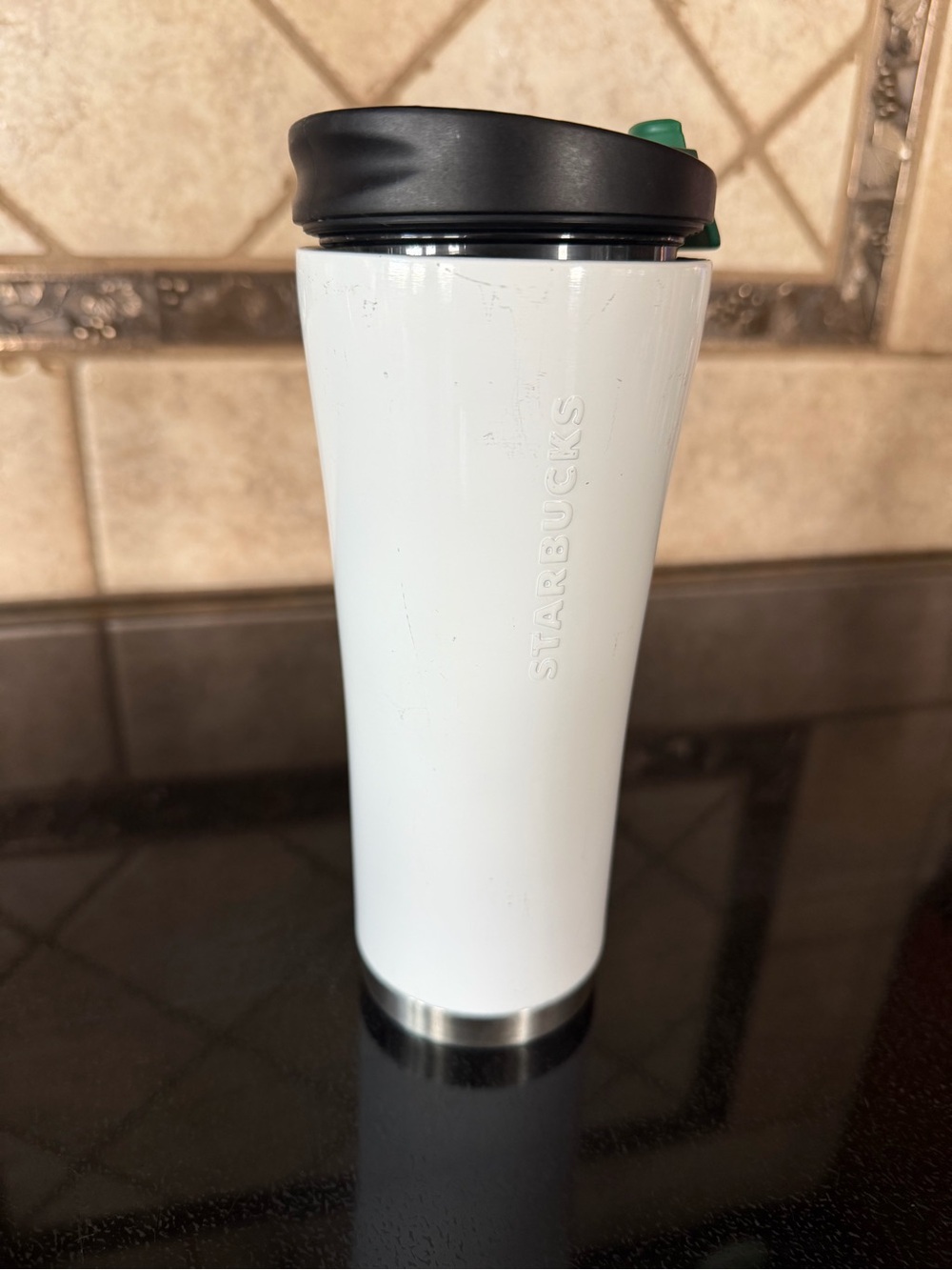 Starbucks White Tumbler with Black Lid and Green Accent